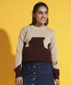 nick and jones colorblock round neck casual girls brown sweater