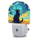 Night Lights Plug into Wall Black Cat Watching Starry Night Night Light Dusk to Dawn Smart Sensor Decorative Round Led Lamp for Bedroom Kitchen Hallway Nightlight for Women Men