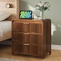 Walnut Night Stand with Charging Station, 24" Wide Fluted Nightstand, Large Modern Side Table with 3 Drawers Storage, Wood Bedside End Table for Bedroom, Walnut Brown