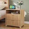 Night Stand Fluted Nightstand with Charging Station, 24" Wide Modern Side Table with 2 Drawers and Open Storage Cabinet, Wood Dresser Bedside End Table for Bedroom, Natural Oak