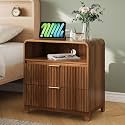 Night Stand Fluted Nightstand with Charging Station, 23.6" Wide Modern Side Table with 2 Drawers and Open Storage Cabinet, Wood Dresser Bedside End Table for Bedroom, Walnut