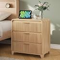 Natural Oak Nightstand with Charging Station, 24" Wide Fluted Bedside Table with 3 Drawers, Modern End Table with USB Ports &amp; Outlets, Rounded Corner Wood Side Table for Bedroom
