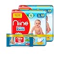 Niine Combo of Cottony Soft Baby Diaper Pants Large (L) Size (9-14KG) 128 Pants and Baby Wipes with Goodness of Aloe Vera 72 Wipes