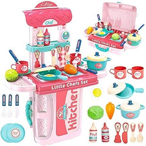 niku 3 in 1 portable kitchen play set kitchen set toy for girls kids with cooking utensils combo items little chef realistic miniature chefs pretend playrole play home game pink color