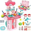Niku 3 in 1 Portable Kitchen Play Set Kitchen Set Toy for Girls Kids with Cooking Utensils Combo Items, Little Chef Realistic Miniature Chefs Pretend Play/Role Play Home Game, Pink Color