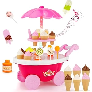 niku ice cream candy trolley cart kitchen set for kids girls  pretend play set with music and lights toys for girls  pink colour  30 accessories