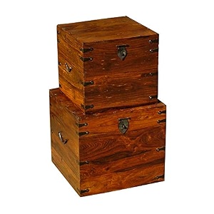 nikunj art sheesham wood square trunk box storage chest set of 2 furniture for home natural honey finish