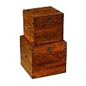 NIKUNJ Art Sheesham Wood Square Trunk Box Storage Chest Set of 2 Furniture for Home (Natural Honey Finish)