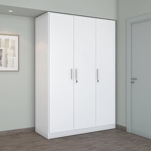 nilkamal max 3 door engineered wood wardrobe without mirror with 8 shelves 2 handing rod 4 drawers amp 1 cabinet frosty white