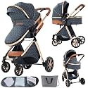 Nine point nine 2 in 1 Baby Stroller, Reversible Convertible Infant Stroller of One-Click Folding, Newborn Travel Strollers Toddler Standard Pram Carriage (225 Blue)
