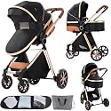 Nine point nine 2 in 1 Baby Stroller, Reversible Convertible Infant Stroller of One-Click Folding, Newborn Travel Strollers Toddler Standard Pram Carriage (225 Black Gold)