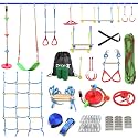 Ninja Obstacle Course for Kids Backyard - 10 Durable Obstacles and 60' Slackline - Outdoor Warrior Obstacle Playset Equipment with Gymnastic Ring, Rope Ladder, Ninja Wheel, Climbing Rope Swing