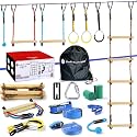 Ninja Warrior Obstacle Course for Kids,2×56ft Slackline Kit with 8 Ninja Accessories+Fast-Setup Buckles- Monkey Bar,Rope Ladder,Gymnastic Ring,Arm Trainer and Monkey Fist,Supports 880 lbs