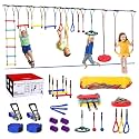Ninja Warrior Obstacle Course for Kids Backyard-65ft Slackline Kit with 13 Obstacles, Upgraded Quick-Install Buckles No Threading, Install Anywhere, Easy Setup Backyard Playground Set