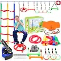 Ninja Warrior Obstacle Course for Kids Outside-Ninja Slackline 52ft with 11 Durable Obstacles-Climbing Net,Wheel, Warrior Gymnastics & Monkey Bars,Slack Lines for Backyard for Kids.