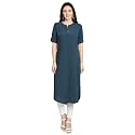 nioni Women's Poly Linen Crepe Kurti for Office Wear, Casual Fit with Manderian/Round Neck Collar, Straight Cut Design and Folded Elbow Sleeves (M to 7XL) (S to 7XL)