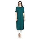 nioni Women's Poly Linen Crepe Kurti for Office Wear, Casual Fit with Manderian/Round Neck Collar, Straight Cut Design and Folded Elbow Sleeves (M to 7XL) (S to 7XL)