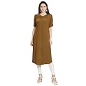 nioni Women's Poly Linen Crepe Kurti for Office Wear, Casual Fit with Manderian/Round Neck Collar, Straight Cut Design and Folded Elbow Sleeves (M to 7XL) (S to 7XL)