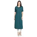 nioni Women's Poly Linen Crepe Kurti for Office Wear, Casual Fit with Manderian/Round Neck Collar, Straight Cut Design and Folded Elbow Sleeves (M to 7XL) (S to 7XL)