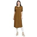 nioni Women's Poly Linen Crepe Kurti for Office Wear, Casual Fit with Manderian/Round Neck Collar, Straight Cut Design and Folded Elbow Sleeves (M to 7XL) (S to 7XL)