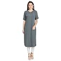 nioni Women's Poly Linen Crepe Kurti for Office Wear, Casual Fit with Manderian/Round Neck Collar, Straight Cut Design and Folded Elbow Sleeves (M to 7XL) (S to 7XL)