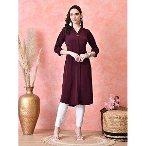 nioni Womens Straight Solid Kurti with V-Fold