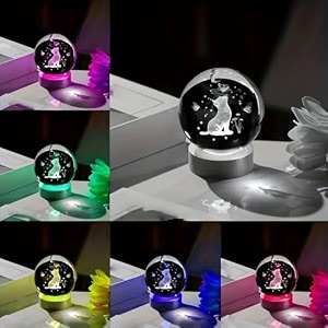 3d cat crystal ball lamp with automatic light changing led wooden base - night light for kids 3d crystal ball butterfly cat night lamp galaxy balls 16 color hand