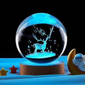 3d deer crystal ball lamp with automatic color changing led wooden base - solar system night light 3d crystal bal deer night lamp balls galaxy crystals bals 16 color deer