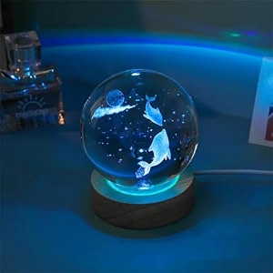 3d dolphin crystal ball lamp with light changing 236 inch wooden base - dolfin love night light - 3d crystal ball - dolphin lamp - dolphen crystals bal led night lights