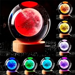 3d moon crystal ball lamp with automatic light changing led wooden base - moon system night light 3d crystal ball moons night lamp galaxy crystals balls 16 color