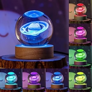 3d saturn crystal ball lamp with led automati light changing wooden base - night light for kids 3d crystal ball night lamp ball galaxy ball 16 color saturn