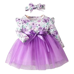 niren enterprise long sleeve printed flower belted round neck baby girl frock with knee-length and a-line style