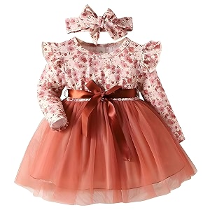 niren enterprise long sleeve printed flower belted round neck baby girl frock with knee-length and a-line style