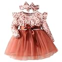 Niren Enterprise Long Sleeve Printed Flower Belted Round Neck Baby Girl Frock with Knee-Length and A-Line Style