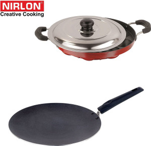 nirlon 3 layer non-stick coating non induction base aluminium cookware 2-piece set stew pan 24 cm diameter with lid 18 l capacity aluminium non-stick
