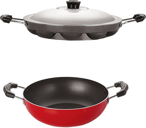 nirlon 3 layer non-stick coating non induction base aluminium cookware 2-piece set curry pan 295 cm diameter with lid 15 l capacity aluminium non-stick