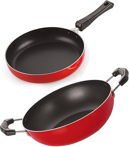 nirlon 3 layer non-stick coating non induction base aluminium cookware 2-piece set curry pan 285 cm diameter 15 l capacity aluminium non-stick