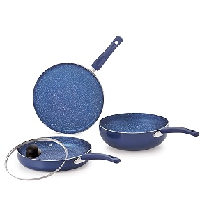 nirlon bling 4-piece aluminium non stick dishwasher safe induction cookware gift set with glass lid blue
