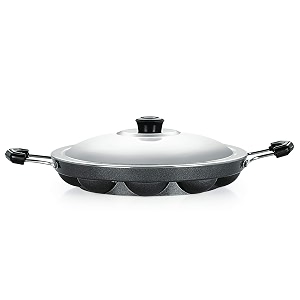nirlon non-stick aluminium 12 cavity appam paniyarakkal  paniyaram  appam pan  pan cake maker  ponganal maker  paddu tawa with with 2 side handle and stainless steel lid3mm_classic ap12