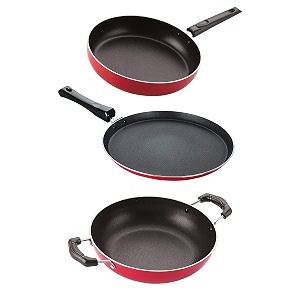 nirlon non stick aluminum cookware set of 3 pieces with extreme durability 26mm_ft11_kd14_fp12