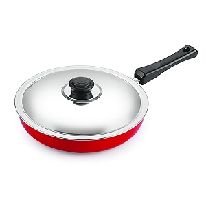 nirlon non stick pfoa free non-toxic food grade quality aluminium fry panfrying panpasta pan 24cm diameter with steel lid lpg stove compatible only 3mm classic_fp_12