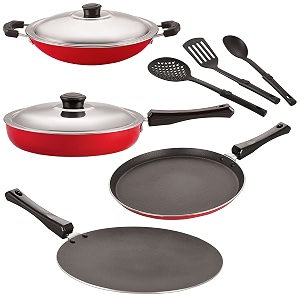 nirlon nonstick coated aluminium 7 pcs set of concave tawa-285cmfry pan-24cmappachatti-225cmflat tawa-27cm amp 3 spoon 26mm_ct12_fp12_chatti_ft12_3spn