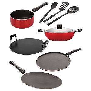 nirlon nonstick coated aluminium 7 pcs set of concave tawa-285cmdeep kadhai-22cmsauce pan-16cmsmart tawa-265cm amp 3 spoon 26mm_ct12_dkdm_spm_st11_3spn