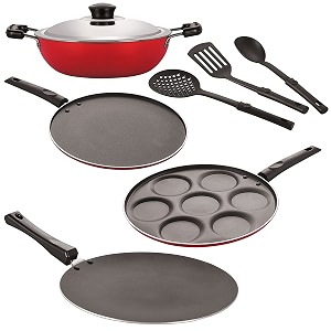 nirlon nonstick coated aluminium 7 pcs set of concave tawa-285cmdeep kadhai-22cmuttapam-7 cavitysmart tawa-29cm amp 3 spoon 26mm_ct12_dkdm_up7_st12_3spn