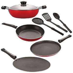 nirlon nonstick coated aluminium 7 pcs set of concave tawa-285cmdeep kadhai-22cmtapper pan-22cmflat tawa-27cm amp 3 spoon 26mm_ct12_dkdm_tp_ft12_3spn
