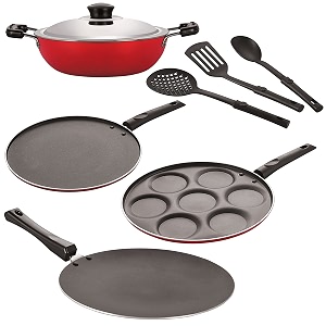 nirlon nonstick coated aluminium 7 pcs set of concave tawa-285cmdeep kadhai-22cmuttapam-7 cavitysmart tawa-265cm amp 3 spoon 26mm_ct12_dkdm_up7_st11_3spn