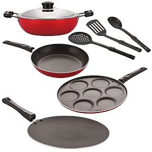 nirlon nonstick coated aluminium 7 pcs set of concave tawa-285cmdeep kadhai-22cmuttapam-7 cavitytapper pan-24cm amp 3 spoon 26mm_ct12_dkdm_up7_tp24_3spn