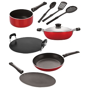 nirlon nonstick coated aluminium 7 pcs set of concave tawa-285cmdeep kadhai-22cmsauce pan-16cmtapper pan-24cm amp 3 spoon 26mm_ct12_dkdm_spm_tp24_3spn