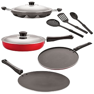 nirlon nonstick coated aluminium 7 pcs set of concave tawa-285cmfry pan-24cmappam-12 cavitysmart tawa-265cm amp 3 spoon 26mm_ct12_fp12_ap12_st11_3spn