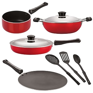 nirlon nonstick coated aluminium 7 pcs set of concave tawa-285cmdeep kadhai-22cmsauce pan-16cmfry pan-24cm amp 3 spoon 26mm_ct12_dkdm_spm_fp12_3spn